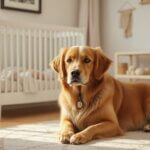 golden retriever laying next to the baby crib