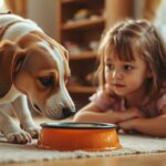 dog eating with girl