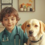 kid and dog at veterinary