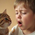 kid sneezing with a cat