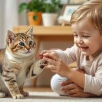 kid playing carefully with cat
