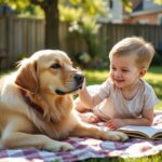 petting a golden retriever
