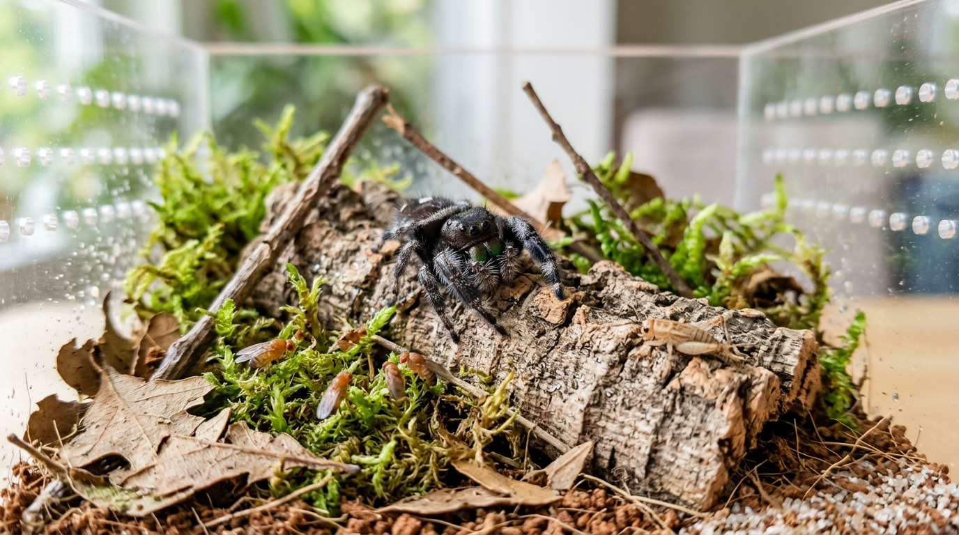 Jumping spider with safe feeder insects in a clean keeper setup