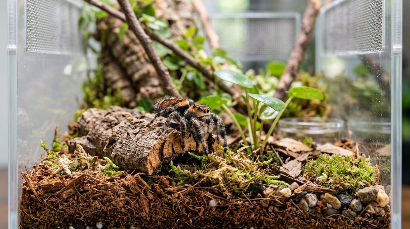 Healthy jumping spider in a clean enclosure with natural substrate