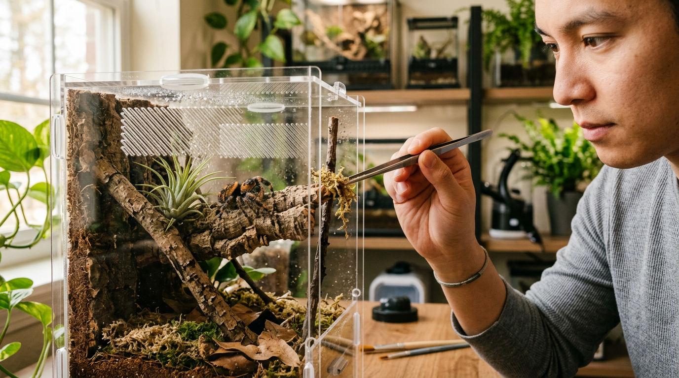 Jumping spider enclosure with keeper making careful husbandry adjustments
