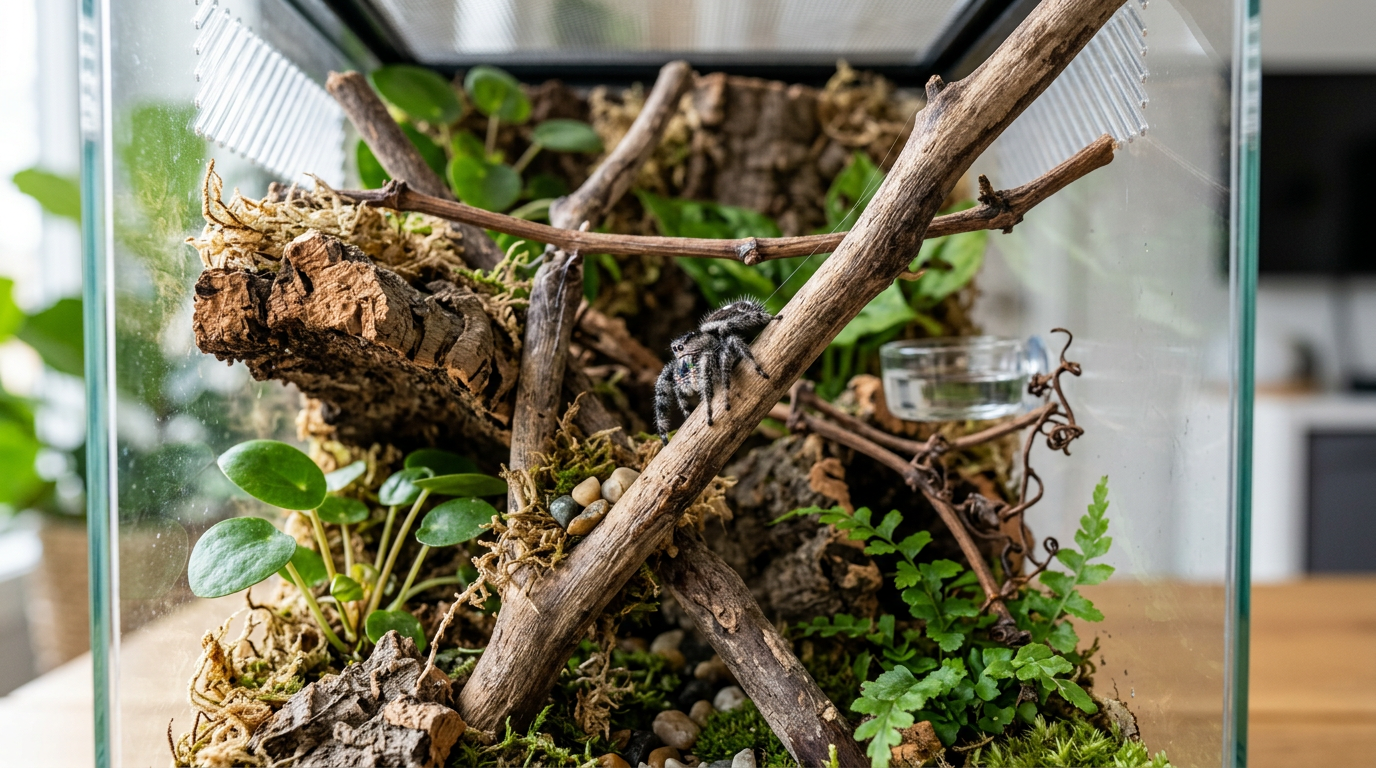 Healthy jumping spider exploring an enriched vertical enclosure