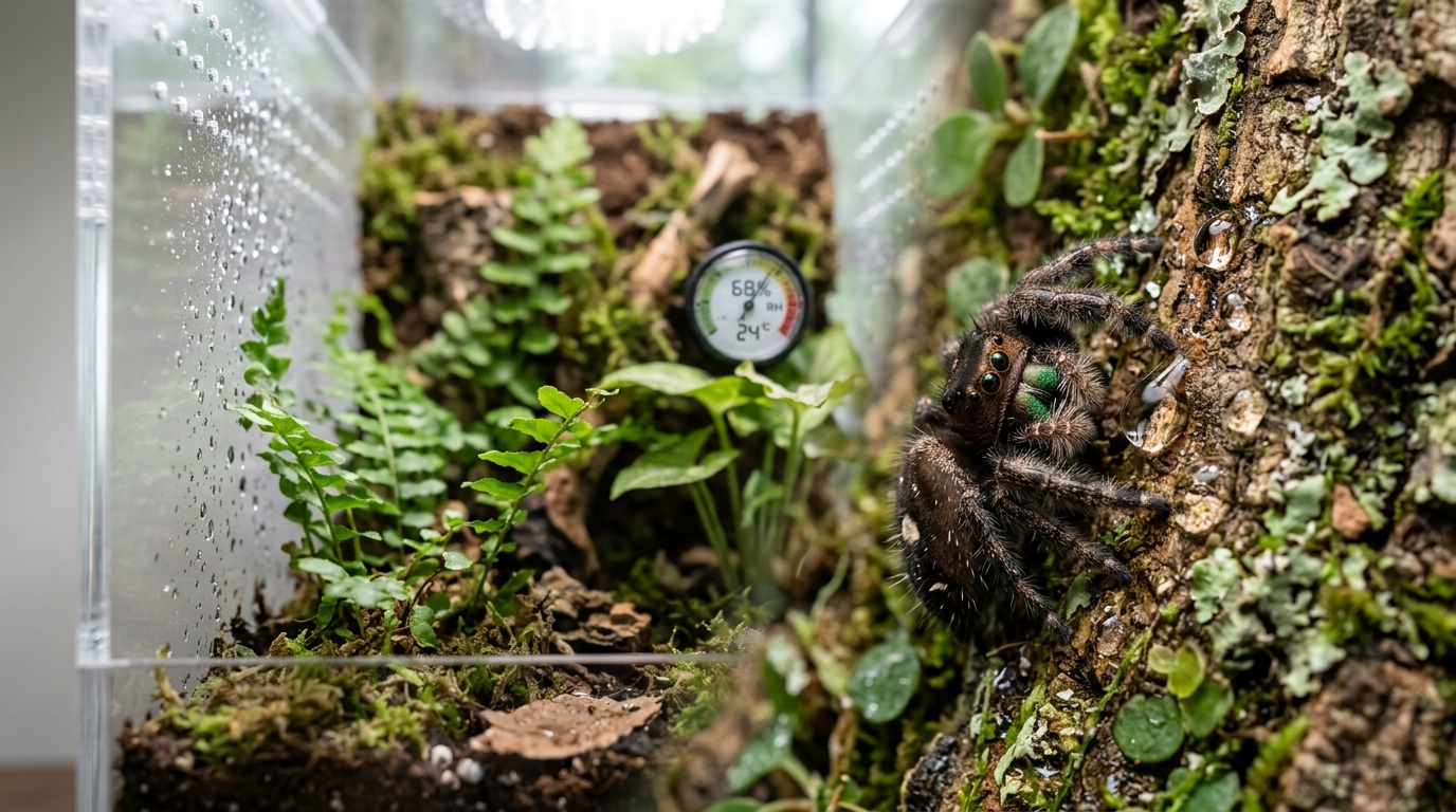 Healthy jumping spider near fresh water droplets in a clean enclosure