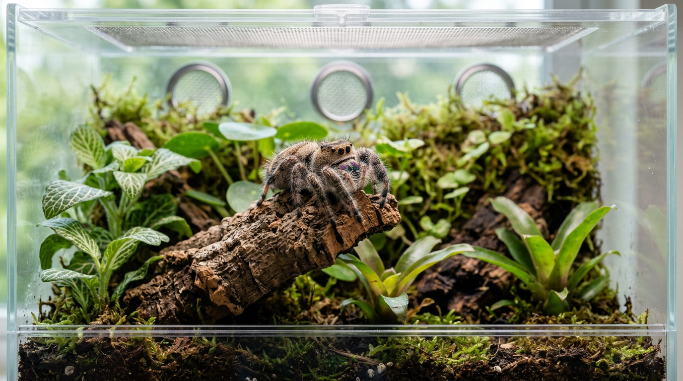 Healthy jumping spider in a well-lit clean enclosure