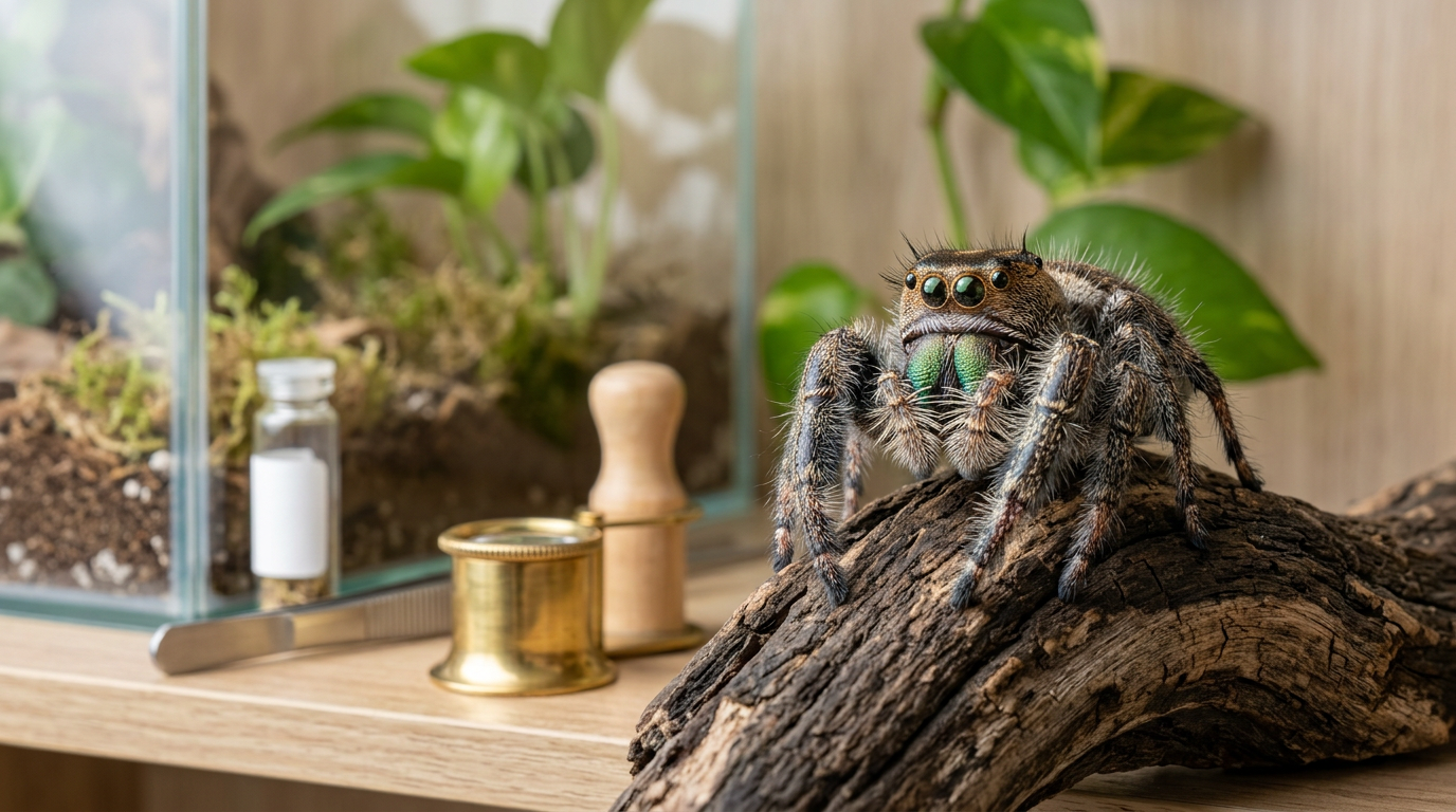 Healthy jumping spider being carefully inspected in a clean enclosure