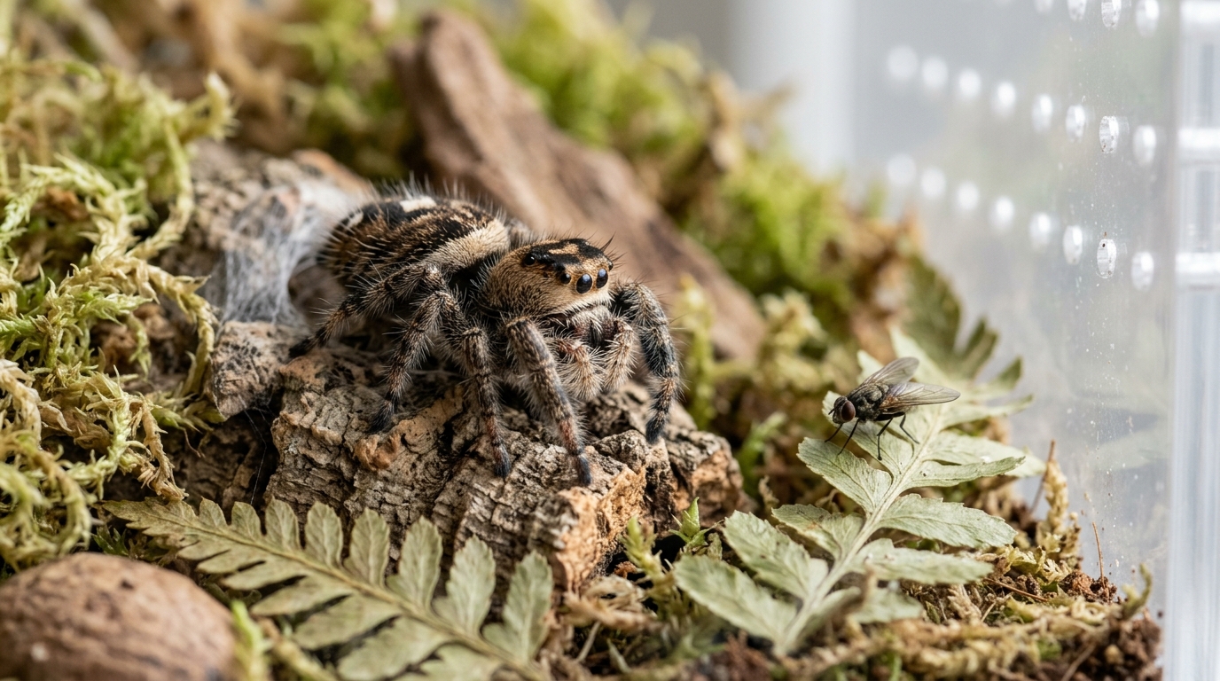 Jumping spider in a clean enclosure near untouched prey
